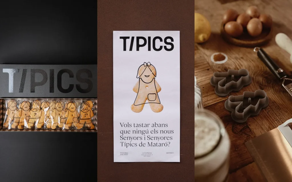 Una mateixa marca aplicada en retolació, cartell i producte, fotografiats junts.